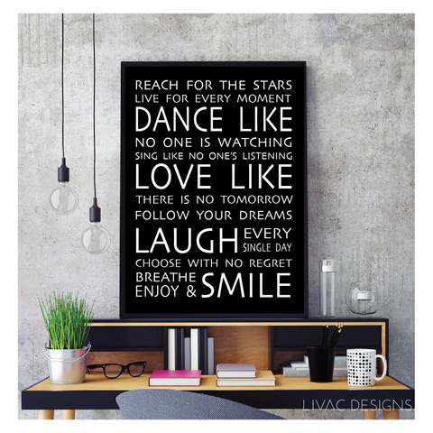 Dance, Love, Laugh in Canvas - Beautiful Motivational Quotes Word Art