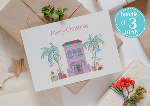Bundle - Pack of 3 cards - tropical Christmas pink house
