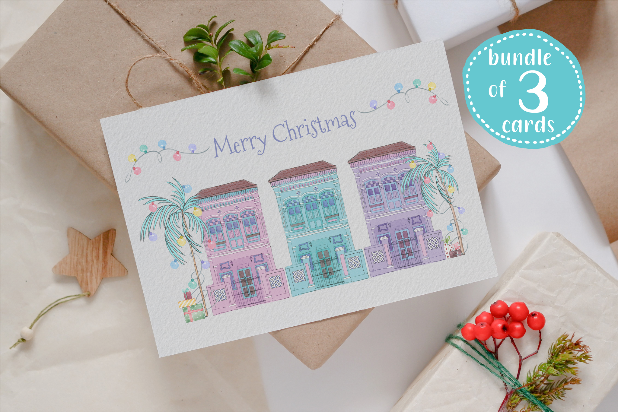 Bundle - pack of 3 Tropical Christmas cards - shophouses