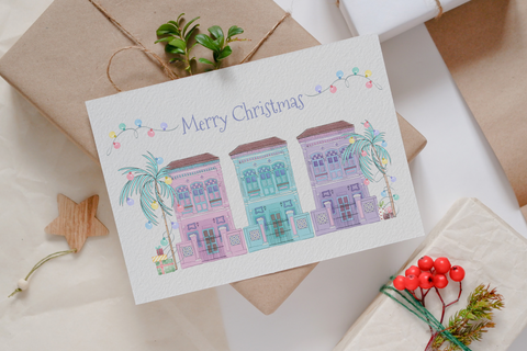Tropical Christmas - 3 shophouses Greeting cards
