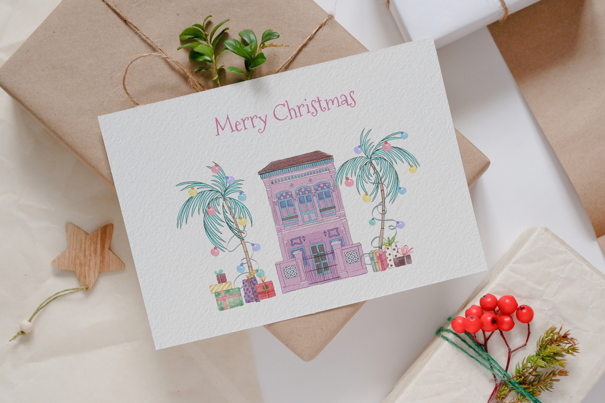 Tropical Christmas greeting cards - pink house