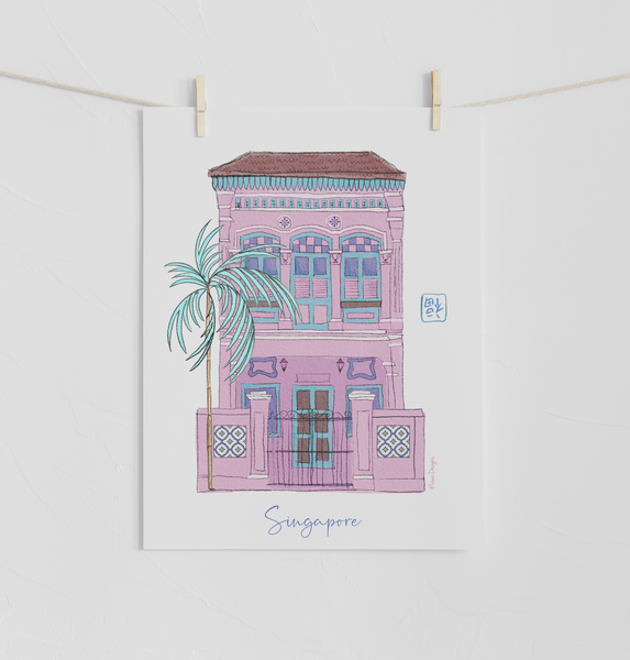 Shophouse Tea Towel Pink - A Taste of Historic Singapore in Your Kitchen