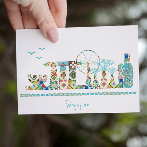 Singapore Skyline with peranakan tiles greeting card