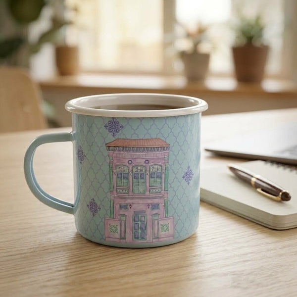 Singapore Enamel Mug — Peranakan Blush Shophouse