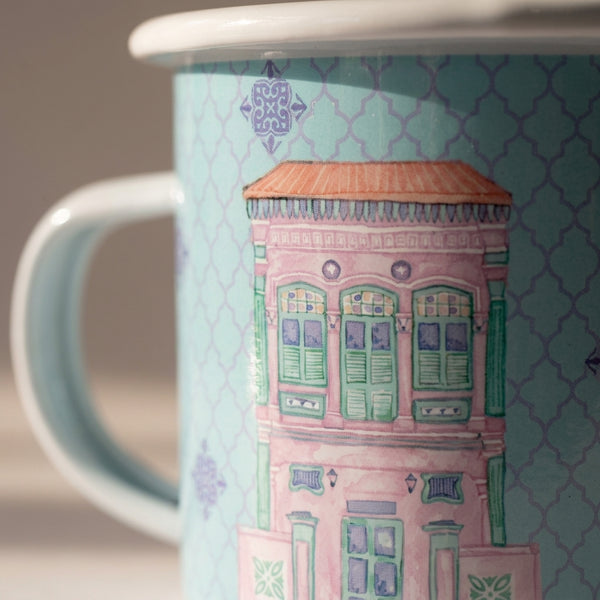 Singapore Enamel Mug — Peranakan Blush Shophouse