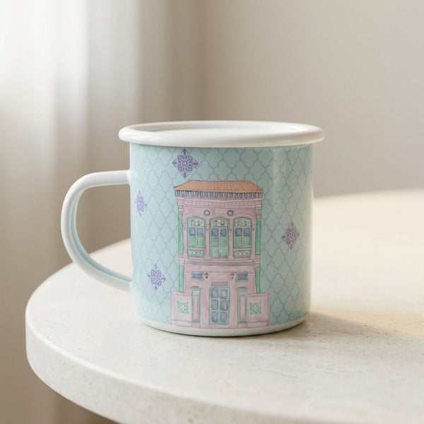 Singapore Enamel Mug — Peranakan Blush Shophouse