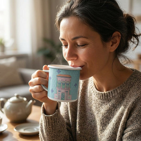 Singapore Enamel Mug — Peranakan Blush Shophouse