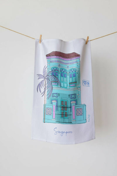 Shophouse Tea Towel Aqua - A Taste of Historic Singapore in Your Kitchen