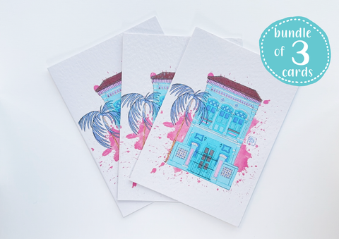 Bundle - 3 greeting cards - Shophouse aqua with splatters