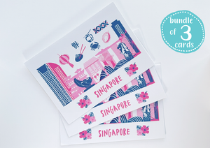 Bundle - 3 greeting cards - Singapore treasures Navy and pink