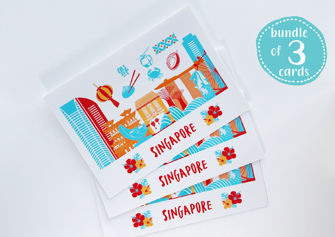 Bundle - 3 Greeting cards - Singapore Treasures Orange and Teal