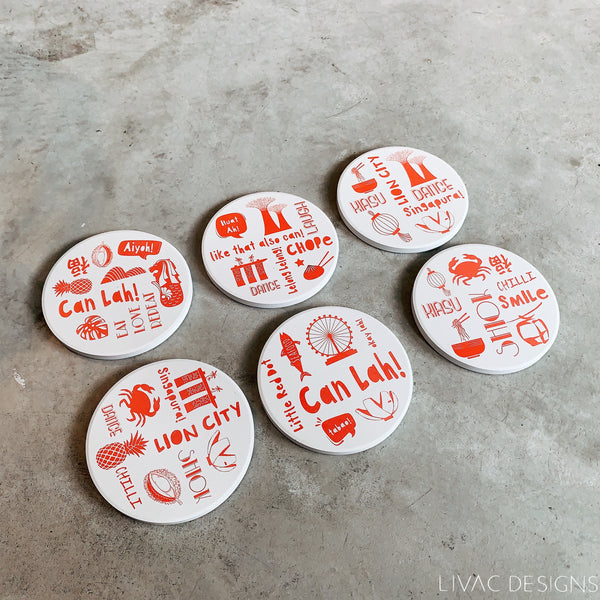 Set of 6 cork-backed coasters - Can Lah! (Red)