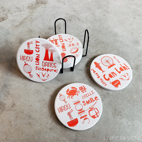 Set of 6 cork-backed coasters - Can Lah! (Red)