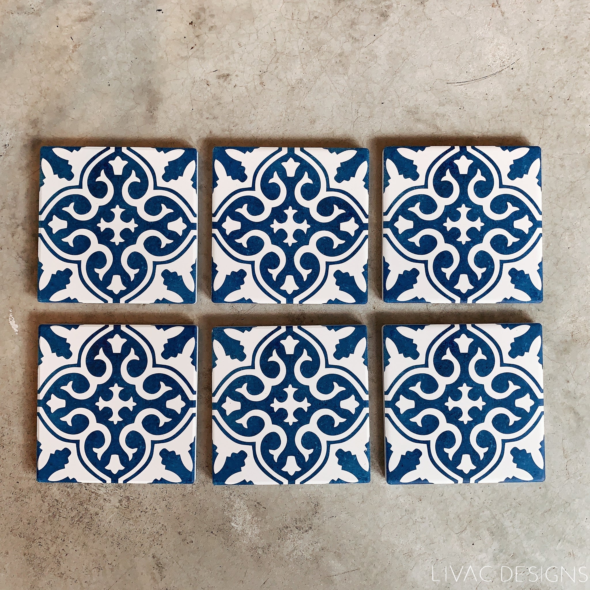 Set of 6 cork-backed coasters - Blue Tiles