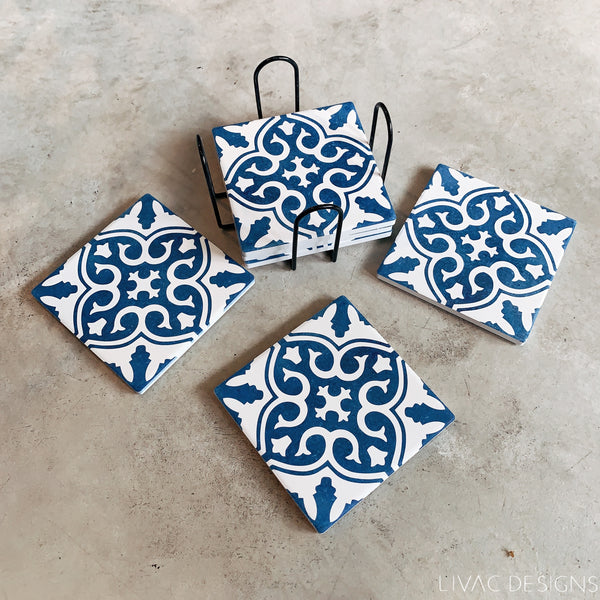 Set of 6 cork-backed coasters - Blue Tiles