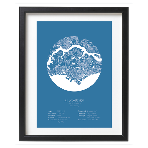 Blue Color Singapore Minimalist City Map Print - Wall Framed Poster