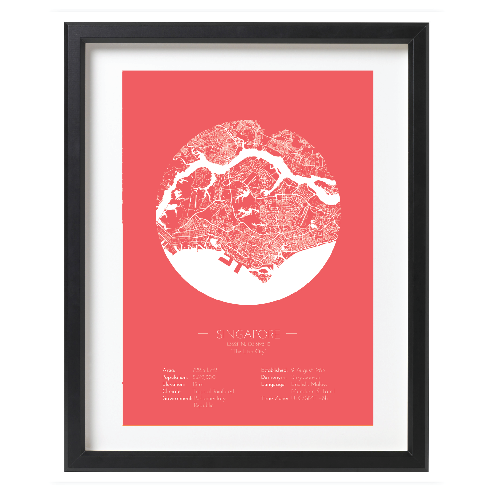 Coral Color Singapore Minimalist Map Poster Online - Wall Framed Art