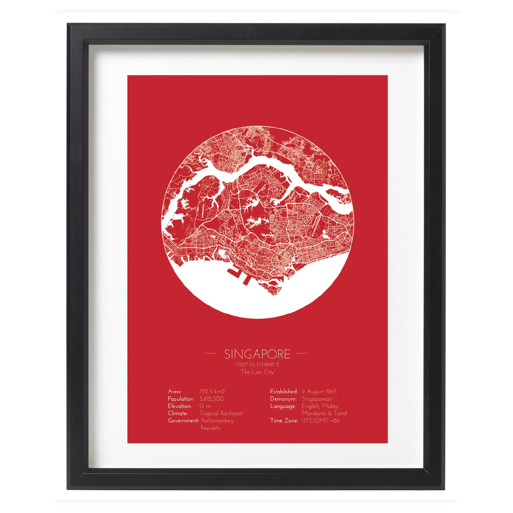 Red Color Singapore Minimalist Map Print - Framed Singapore City Map 