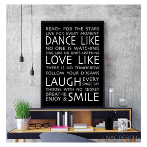 Dance, Love, Laugh in Canvas - Beautiful Motivational Quotes Word Art