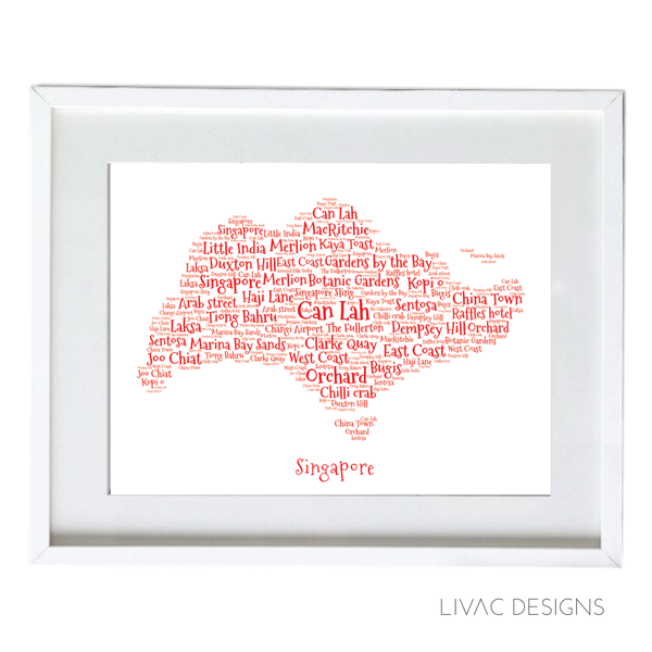 Funky Map (Singapore) - Personalized Art White Framed (40X50Cm)